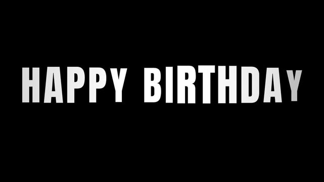 Happy Birthday text animation on black background, white modern typewriter reveal effect, minimalist typography motion graphic, simple festive video intro