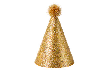 Naklejka premium Golden glitter party hat with fluffy pompom festive celebration birthday accessory cone costume holiday decoration isolated on a transparent background
