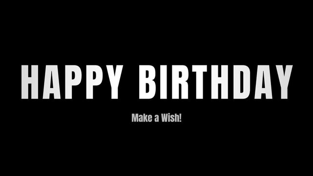 Happy Birthday animated text, bold white typography on a clean black background, minimal design motion graphic, simple modern greeting card style for digital displays