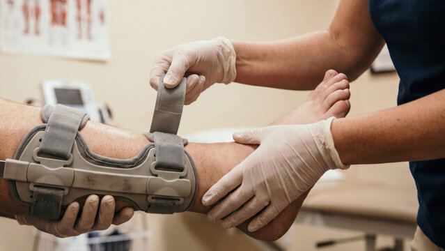 Physical Therapist Adjusting Patient's Brace for Controlled Movement in Rehabilitation Session