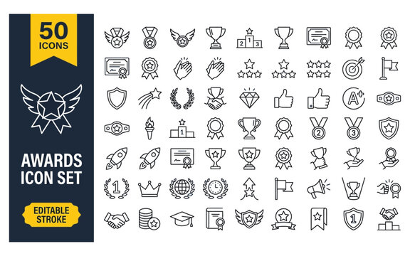 Awards and recognition line icons for achievements competition and excellence certification.