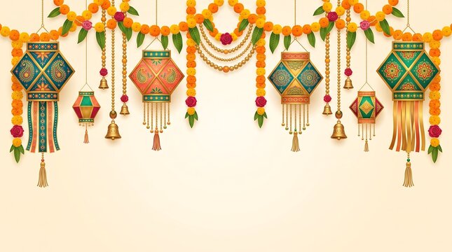 Vibrant Diwali Celebration Background with Marigold Toran Golden Bells Paisley Lanterns and Floral Garland Illustration