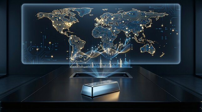A shiny metal bar sits before a glowing digital world map display