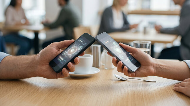 People Connecting Smartphones for Wireless Data Transfer at Cafe Table