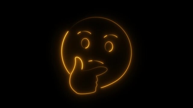 Neon thinking emoji animation: glowing yellow emoticon pondering concept on black background