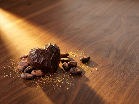 Valentine 288 Textured Heart Shaped Dark Chocolate with Cocoa Beans and Gold Dust Under Sunlight on Wooden Table（日光が差し込む木目テーブルの上に置かれた立体テクスチャのあるハート型ダークチョコレートとカカオ豆と金箔）