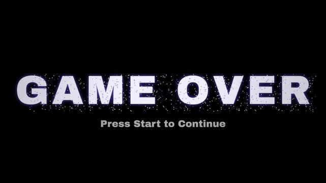 Game over retro text animation with particle disintegration, glowing purple font, press start to continue arcade message, black background, video game design screen
