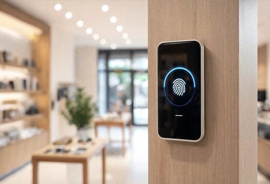 Modern biometric fingerprint scanner mounted on natural wood panel, featuring glowing blue LED illumination, digital interface, secure authentication technology, and contemporary retail surroundings.