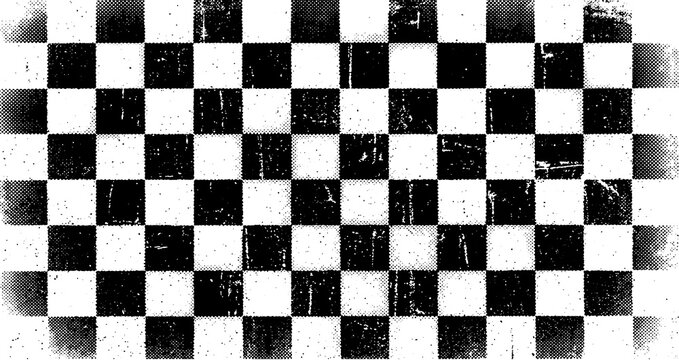 Abstract halftone texture background. A classic checkered board pattern is heavily degraded by rough scratches and dirty grunge noise.