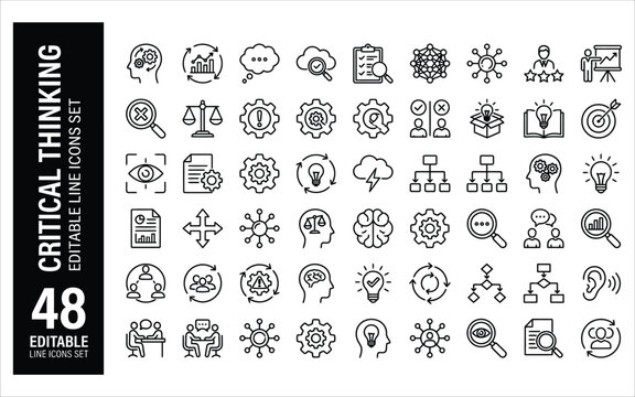 Critical thinking and problem solving process line icons set including brain gears logic and decision making symbols.