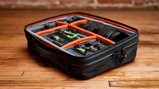 A black padded gear bag with orange interior compartments holding various tools and equipment on a wooden floor