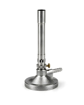 Classic laboratory Bunsen burner with adjustable air vents and gas inlet, isolated on a clean white background for scientific heating applications.