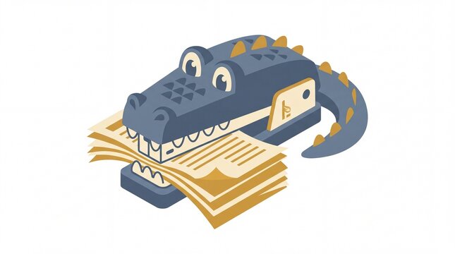 Isometric illustration of creative crocodile stapler chomping on stack of documents
