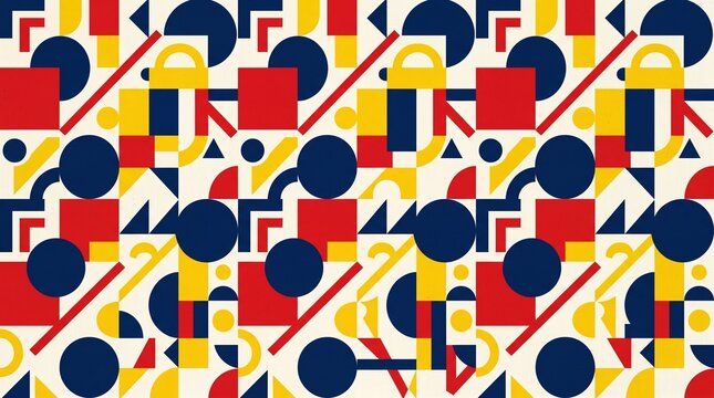 Bauhaus style geometric seamless pattern background with primary colors red blue yellow for fabric and poster design