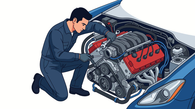 Technician installing optical fiber cable internet connection standing on ladder vector illustration