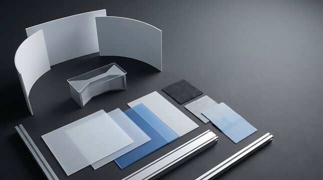 Virtual television set components with acrylic panels and aluminum frame parts for modern broadcasting studio design