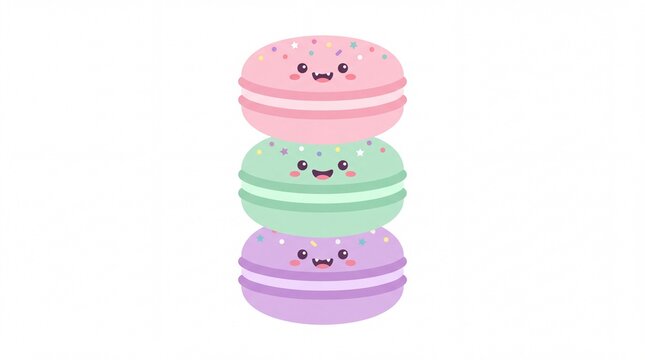 Vector illustration of three pastel monster macarons stacked on white