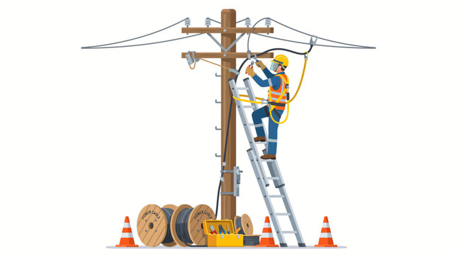 Electrician lineman repairing power lines on a wooden utility pole vector illustration isolated on white