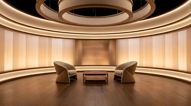 A sophisticated virtual television set interior featuring two modern armchairs arranged for an interview segment