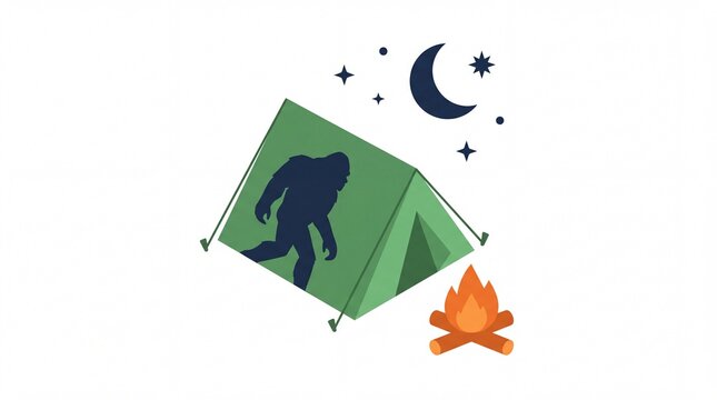 Flat vector illustration of bigfoot silhouette cast on camping tent by campfire at night
