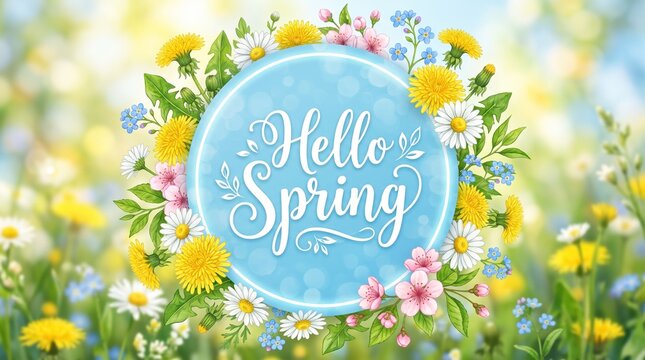 Hello spring lettering with a blurred background of wildflowers and bright sunshine