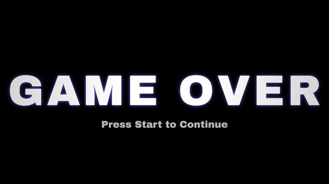 Game over retro neon text animation, pulsing white arcade letter font on black background, press start to continue sign, gaming and streaming motion graphic