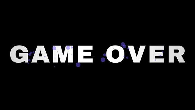 Game Over text animation with glowing transition, white bold font on black background, retro video game style motion graphic for gaming content creators and streams