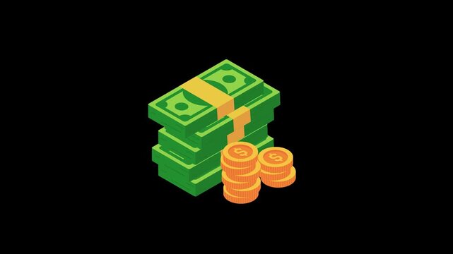 Vibrant isometric stack of green cash and shining gold dollar coins illustrating financial success