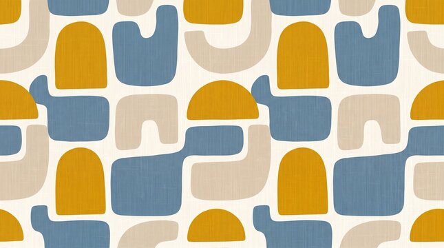 Abstract mid century modern seamless pattern with organic shapes in mustard yellow, slate blue and beige for textile wallpaper