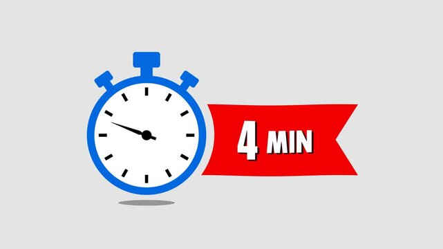 4 Min arrow clock icon animation on transparent background with alpha channel. Timer 4 minutes countdown clock with circular arrow. Analog stopwatch 4 min countdown animation.