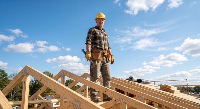 Builder in hard hat and tool belt standing on wooden roof truss frame under blue sky. Residential house construction site, roof framing, and carpentry work.