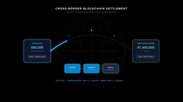 Cross Border Blockchain Financial Settlement Transaction Process Flowchart Animation