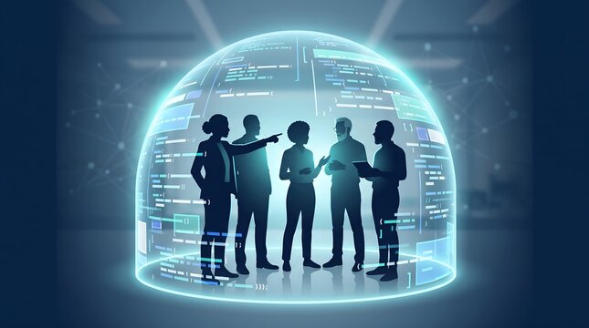 Collaborative Business Team Working Within a Glowing Virtual Data Protection Shield Concept
