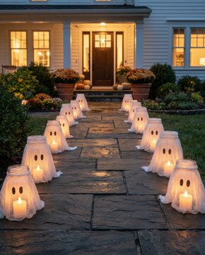 Halloween ghost jar luminaries lighting stone walkway in front of cozy suburban house porch decorated with autumn flowers. Spooky seasonal outdoor decoration for fall celebration.