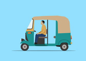 Fototapeta premium Tuk tuk auto rickshaw vector illustration with a driver on a blue background