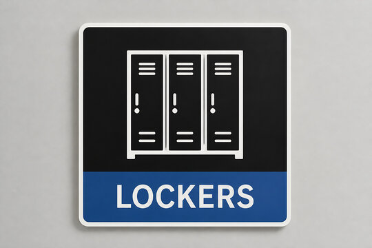 A sign displaying an icon of lockers and the word LOCKERS on a gray background.