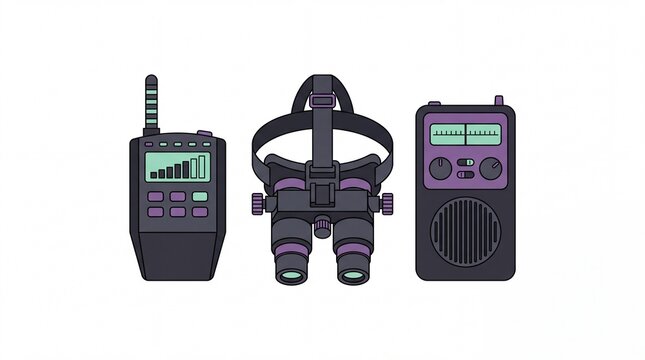 Ghost hunting gear flat vector set with emf meter night vision goggles and spirit box