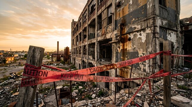 Dilapidated Industrial Factory Building With Caution Tape Marking A Hazardous Site At Sunset