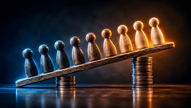 Wooden figures ascending on a plank balanced on coin stacks. Concept of career growth and financial success.