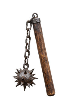 Spiked metal ball chain weapon with wooden handle