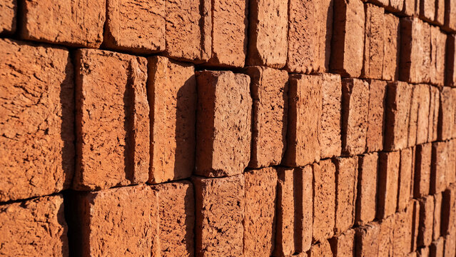 Close-up of textured red clay brick wall with rustic masonry pattern and construction background