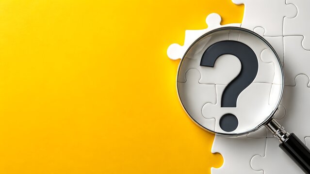Magnifying glass over a white puzzle piece with a question mark. Concept of problem solving and finding business solutions.