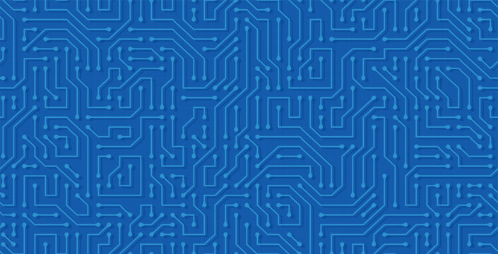 A seamless computer circuit pattern and shadows on a blue background.
