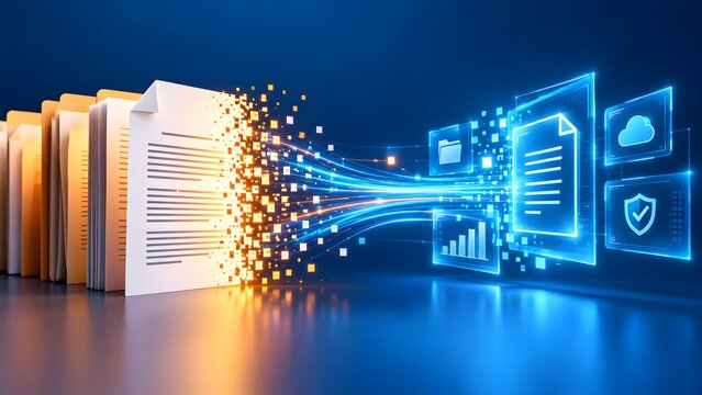 Physical paper folders transforming into glowing digital data streams and icons. Concept of digital transformation and paperless data migration.