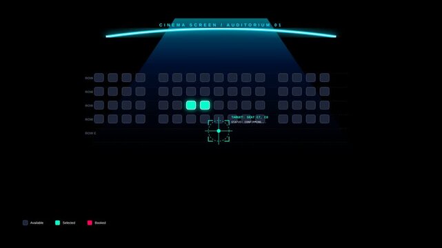 Futuristic Digital Cinema Seat Booking Interface with Interactive Graphic Elements