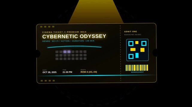Futuristic Digital Cinema Ticket Design Featuring Cyberpunk Aesthetic Animation for Modern Events