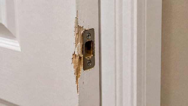 Close-up of apartment door frame showing chipped wood and damaged painted surface around latch area, realistic rental turnover inspection