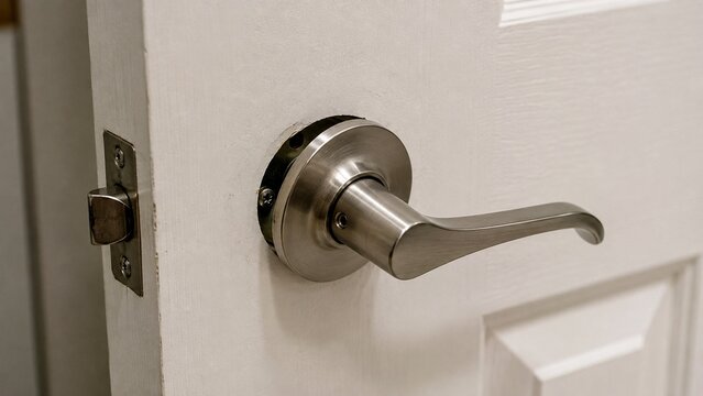 Close-up of rental apartment interior door lever visibly loose with mounting plate slightly separated from door surface, realistic property maintenance inspection problem