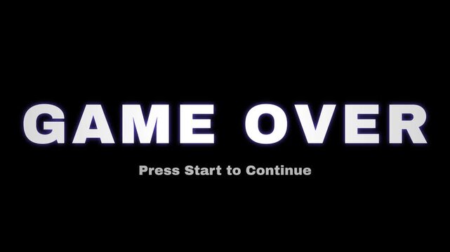 Game Over retro screen text animation, glowing arcade font style on black background, press start to continue prompt message, pixel video game overlay design