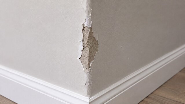 lose-up of residential apartment wall corner showing chipped drywall and damaged corner edge from everyday impact, realistic rental property damage inspection